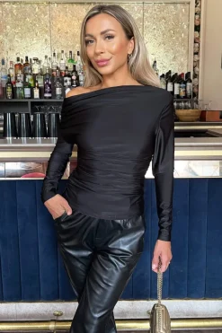 Black Off The Shoulder Long Sleeves Ruched Waist Top