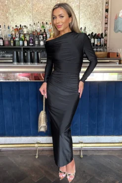 Black Off The Shoulder Long Sleeved Draped Midi Dress