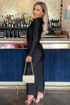 Black Off The Shoulder Long Sleeved Draped Midi Dress