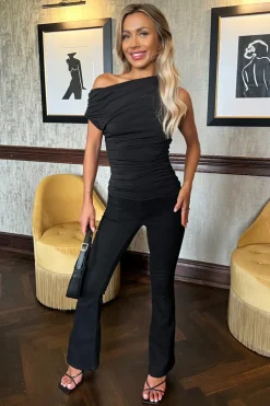 Black Off The Shoulder Ruched Waist Draped Top