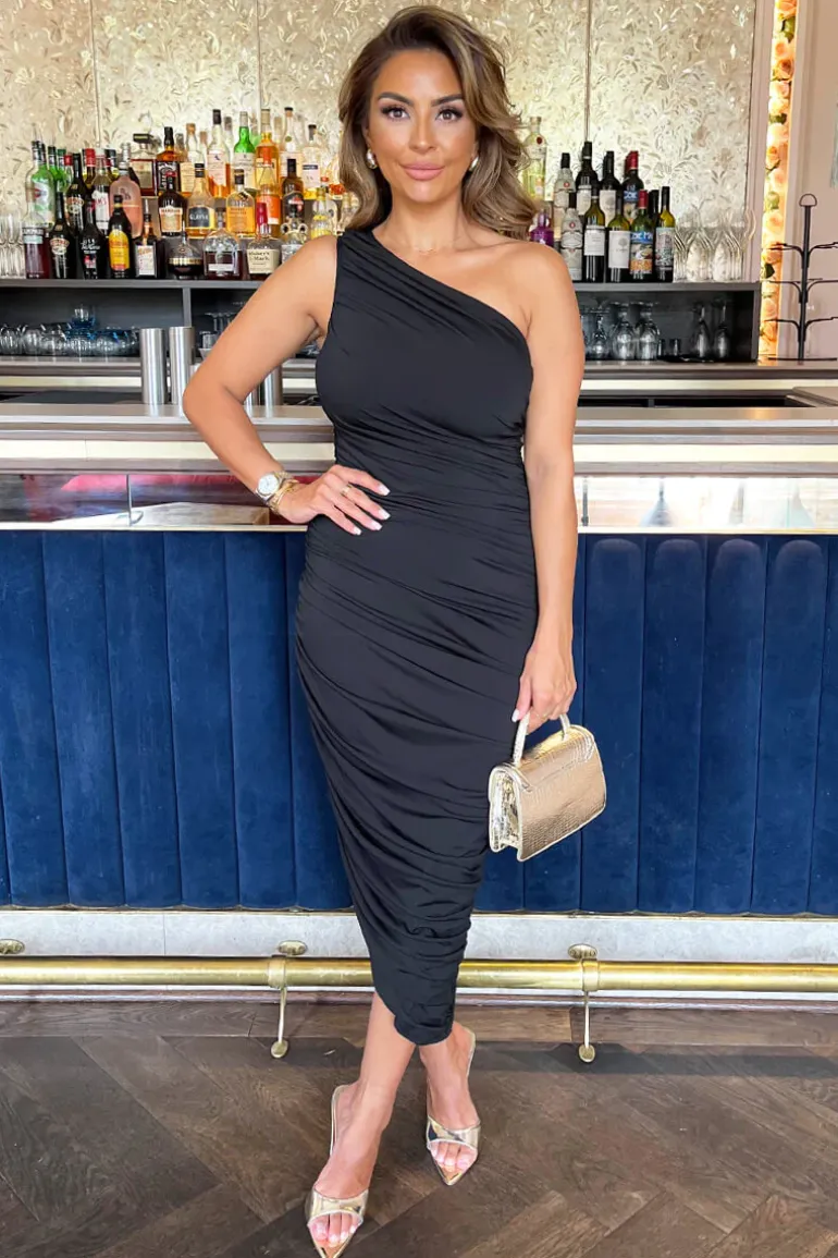 Black One Shoulder Asymmetric Hem Ruched Midi Dress