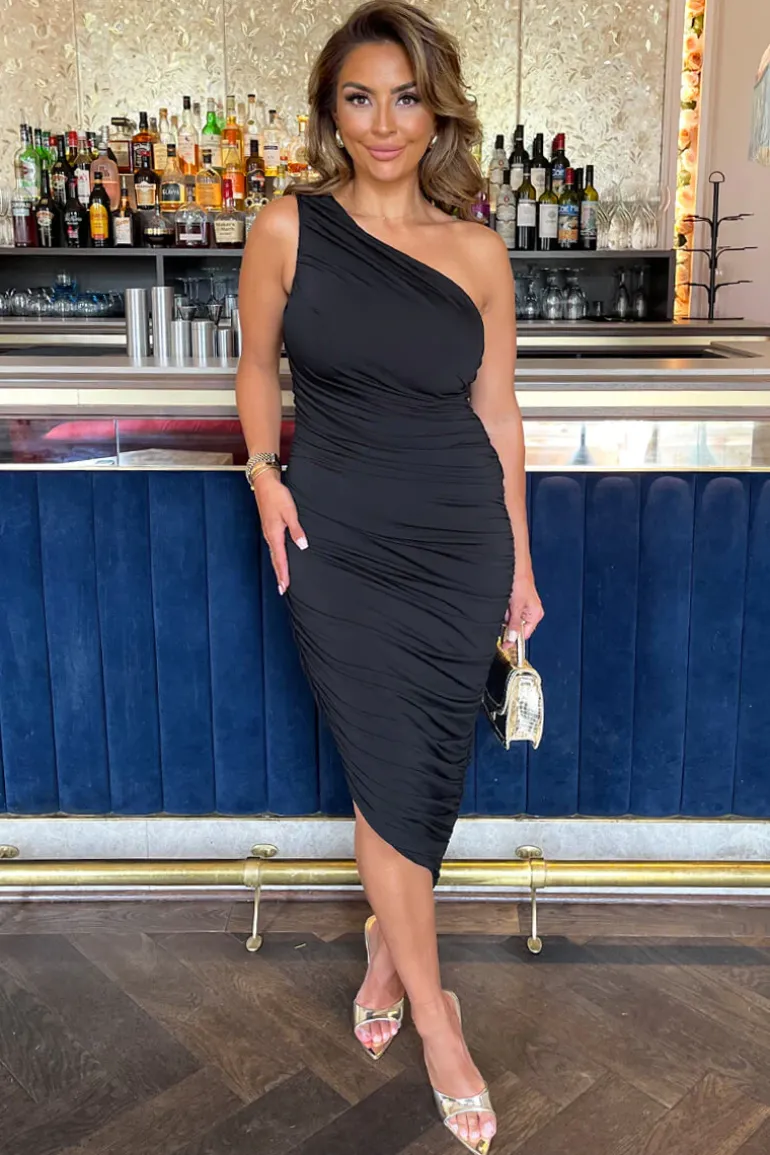 Black One Shoulder Asymmetric Hem Ruched Midi Dress