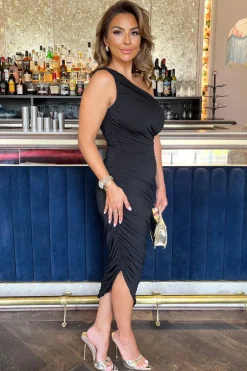 Black One Shoulder Asymmetric Hem Ruched Midi Dress