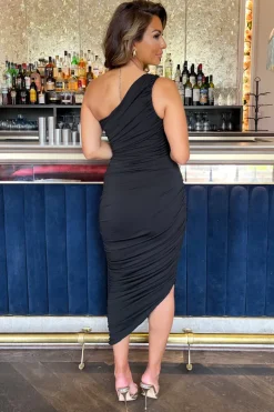 Black One Shoulder Asymmetric Hem Ruched Midi Dress