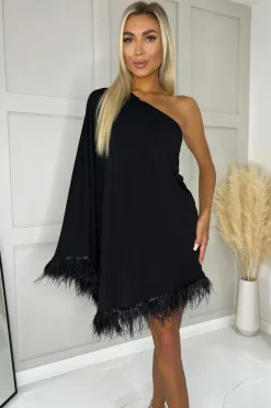 Black One Shoulder Batwing Sleeve Faux Feather Hem Dress
