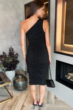 Black One Shoulder Bodycon Ruched Midi Dress