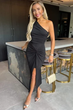 Black One Shoulder Knot Skirt Midi Dress