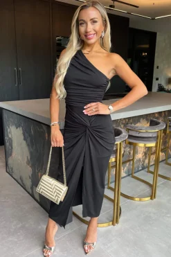Black One Shoulder Knot Skirt Midi Dress