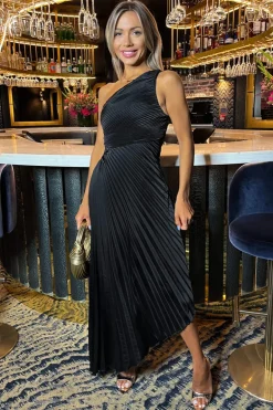 Black One Shoulder Pleated Satin Midi Dress