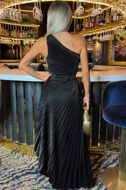 Black One Shoulder Pleated Satin Midi Dress