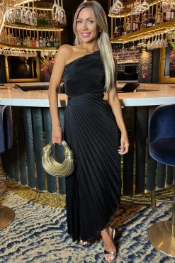 Black One Shoulder Pleated Satin Midi Dress