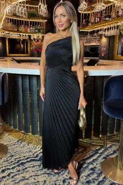 Black One Shoulder Pleated Satin Midi Dress
