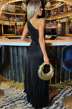 Black One Shoulder Pleated Satin Midi Dress