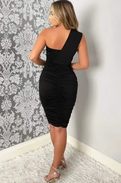 Black One Shoulder Ruched Bodycon Midi Dress