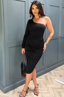 Black One Sleeve Ruched Bodycon Midi Dress