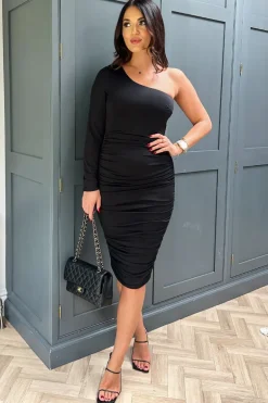Black One Sleeve Ruched Bodycon Midi Dress