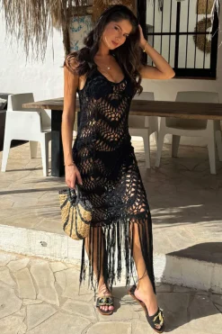 Black Open Knit Crochet Fringe Hem Midi Dress
