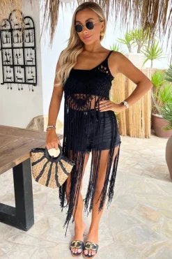 Black Open Knit Crochet Fringe Hem Crop Top
