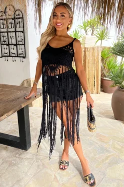 Black Open Knit Crochet Fringe Hem Crop Top