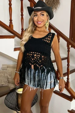 Black Open Stitch Crochet Tassel Crop Top