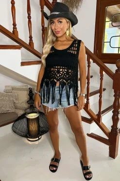 Black Open Stitch Crochet Tassel Crop Top
