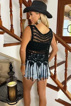 Black Open Stitch Crochet Tassel Crop Top
