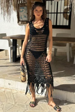 Black Open Stitch Crochet Tassel Midi Dress