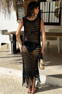 Black Open Stitch Crochet Tassel Midi Dress