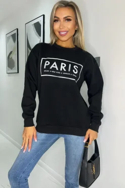 Black Paris Slogan Crew Neck Sweatshirt