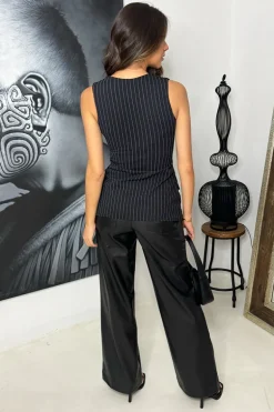 Black Pinstripe Fitted Longline Waistcoat