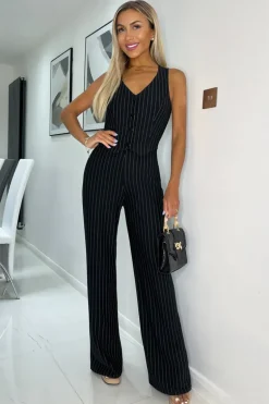 Black Pinstripe Waistcoat Detail Wide Leg Jumpsuit