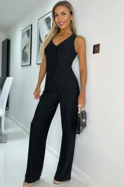 Black Pinstripe Waistcoat Detail Wide Leg Jumpsuit