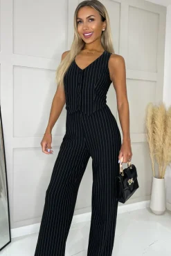 Black Pinstripe Waistcoat Detail Wide Leg Jumpsuit