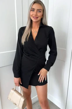 Black Pleated Gathered Long Sleeve Mini Dress