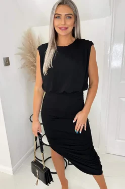 Black Pleated Shoulder Sleeveless Bodycon Dress