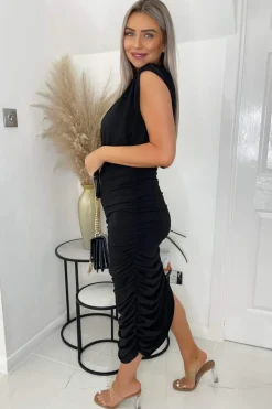 Black Pleated Shoulder Sleeveless Bodycon Dress