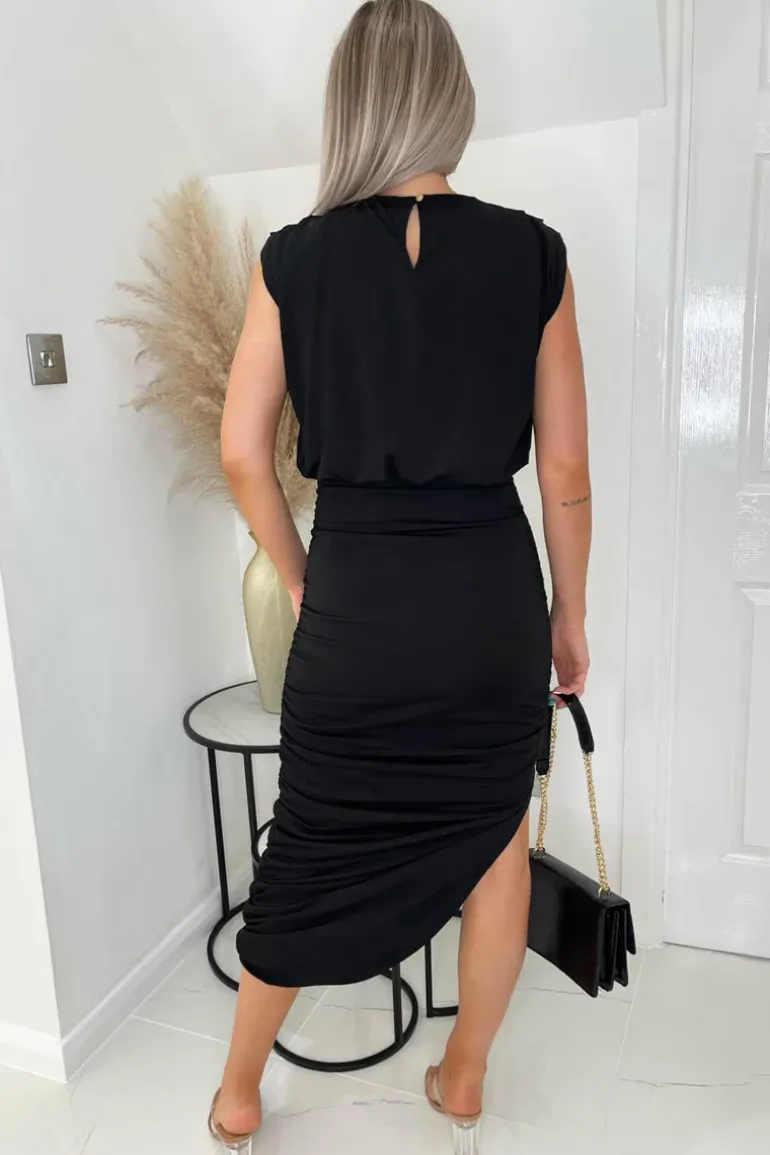 Black Pleated Shoulder Sleeveless Bodycon Dress