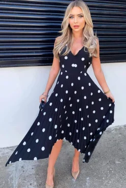Black Polka Dot Sleeveless Pleated Dress