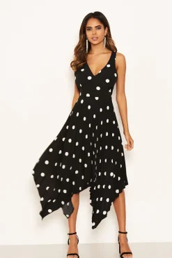 Black Polka Dot Sleeveless Pleated Dress