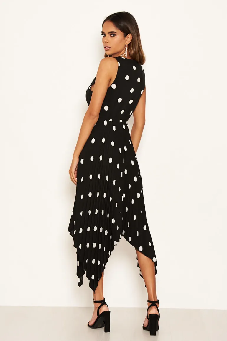 Black Polka Dot Sleeveless Pleated Dress
