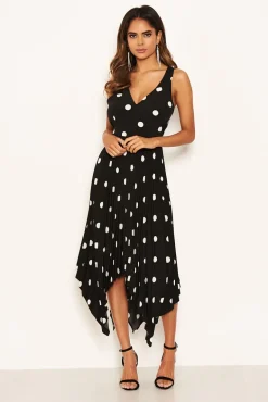 Black Polka Dot Sleeveless Pleated Dress
