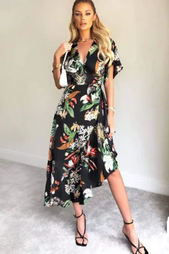Black Printed Floral Frill Hem Dress