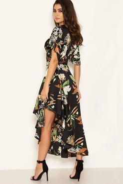 Black Printed Floral Frill Hem Dress