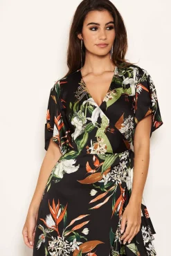 Black Printed Floral Frill Hem Dress