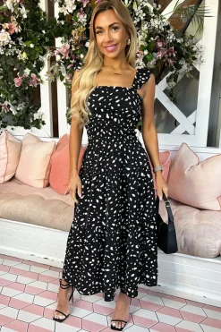Black Printed Frill Strap Midi Dress