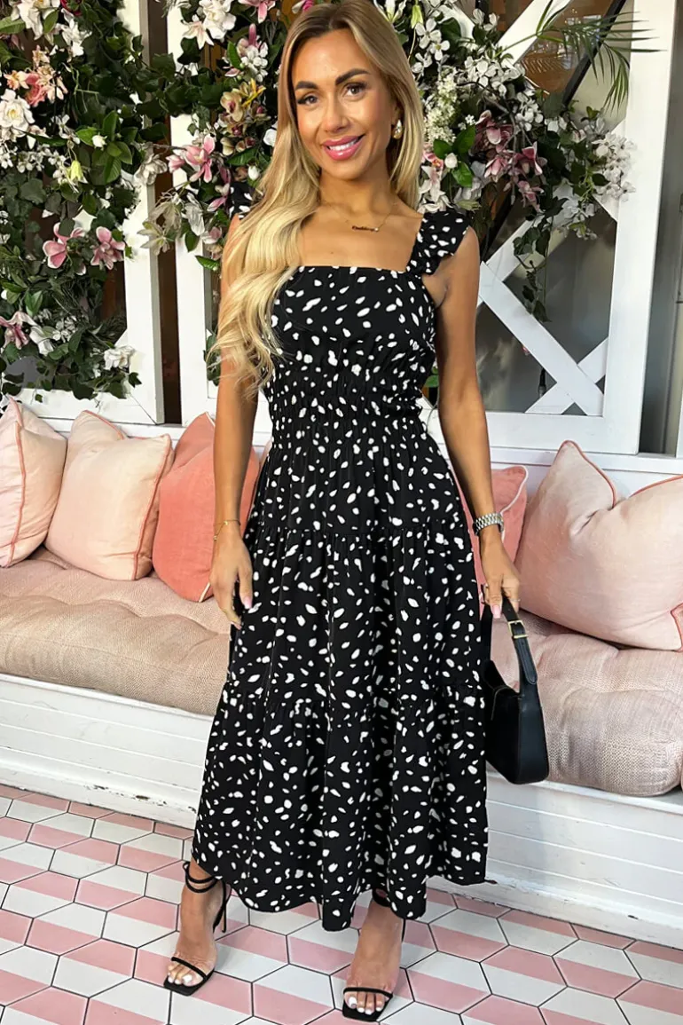 Black Printed Frill Strap Midi Dress