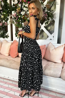 Black Printed Frill Strap Midi Dress