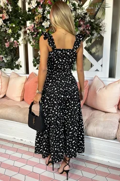 Black Printed Frill Strap Midi Dress