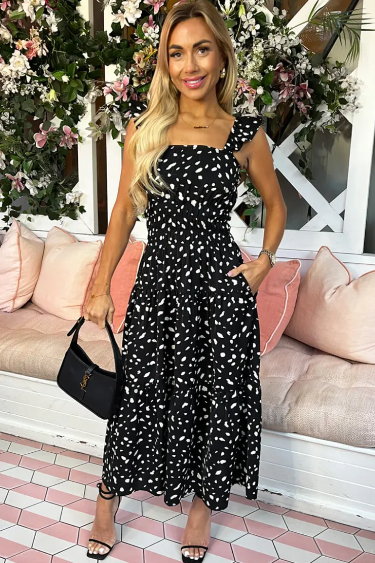 Black Printed Frill Strap Midi Dress