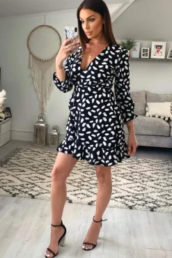 Black Printed Long Sleeved Wrap Dress